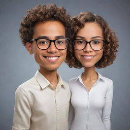 Create a caricature of a couple. A taller boy with short curly hair, glasses, and light brown skin, next to a girl with short wavy hair, glasses, and light white skin. He is Colombian and she is Peruvian.