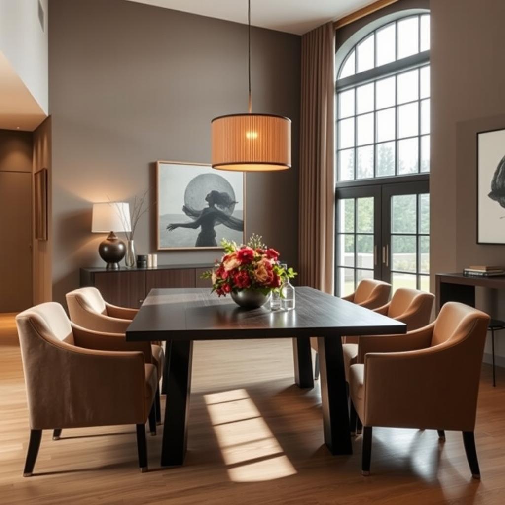 Una sala de comedor elegante y moderna con una mesa de comedor de madera oscura y sillas tapizadas en tonos suavemente contrastantes