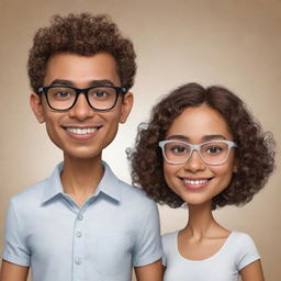 Create a caricature of a couple. A taller boy with short curly hair, glasses, and light brown skin, next to a girl with short wavy hair, glasses, and light white skin. He is Colombian and she is Peruvian.