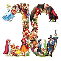 A large number 18 composed of famous fairy tale characters, each character intricately placed inside to form the shape of the number