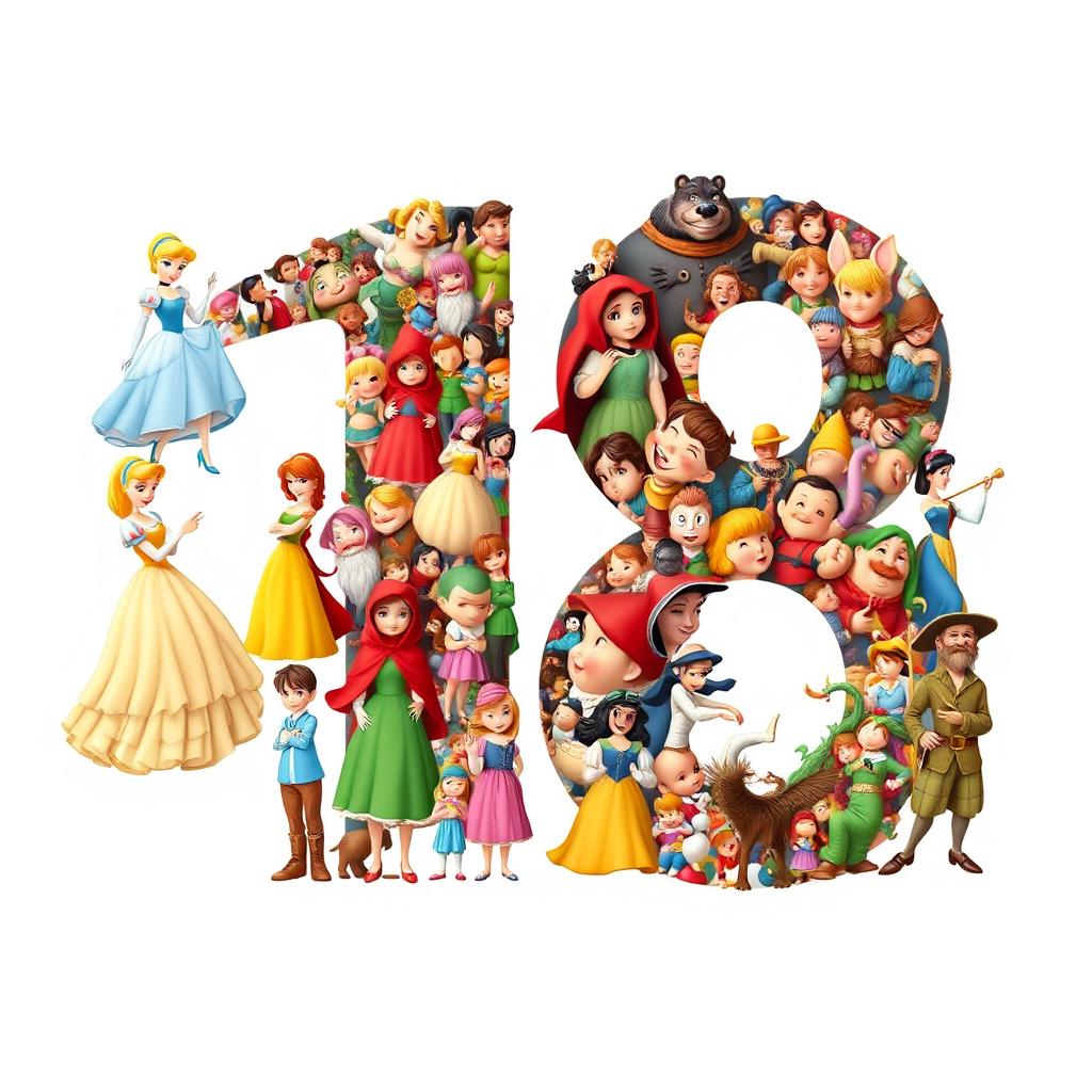 A large number 18 composed of famous fairy tale characters, each character intricately placed inside to form the shape of the number