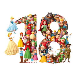 A large number 18 composed of famous fairy tale characters, each character intricately placed inside to form the shape of the number