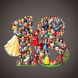 A large number 18 composed of famous fairy tale characters, each character intricately placed inside to form the shape of the number