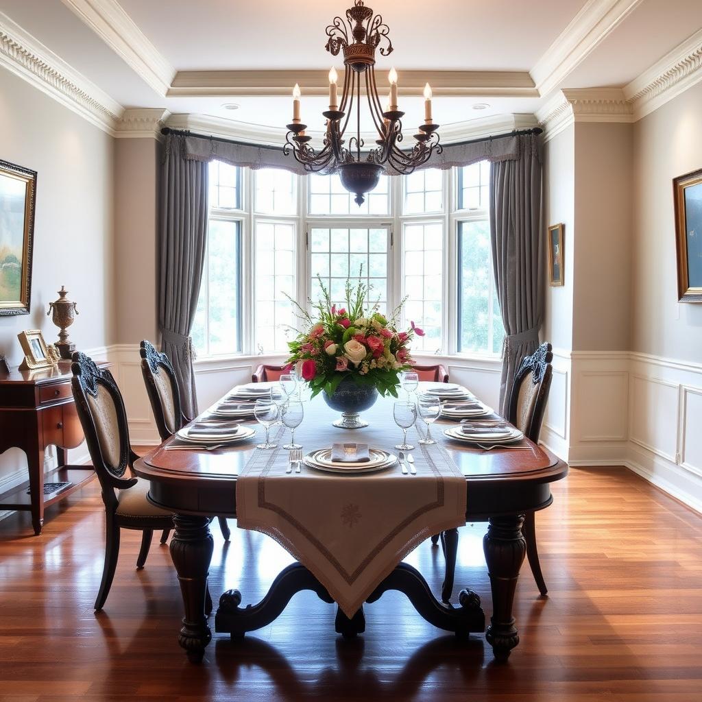 A beautifully set dining room with an elegant wooden dining table at the center, adorned with a luxurious tablecloth and a classic chandelier hanging above