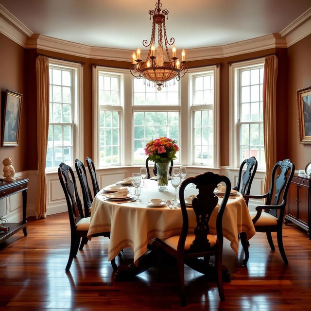 A beautifully set dining room with an elegant wooden dining table at the center, adorned with a luxurious tablecloth and a classic chandelier hanging above