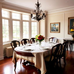 A beautifully set dining room with an elegant wooden dining table at the center, adorned with a luxurious tablecloth and a classic chandelier hanging above