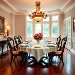 A beautifully set dining room with an elegant wooden dining table at the center, adorned with a luxurious tablecloth and a classic chandelier hanging above