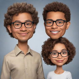 Create a caricature of a couple. A taller boy with short curly hair, glasses, and light brown skin, next to a girl with short wavy hair, glasses, and light white skin. He is Colombian and she is Peruvian.