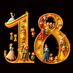 A golden number 18 filled with famous fairy tale characters