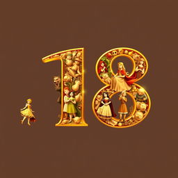 A golden number 18 filled with famous fairy tale characters