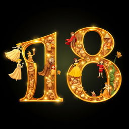 A golden number 18 filled with famous fairy tale characters