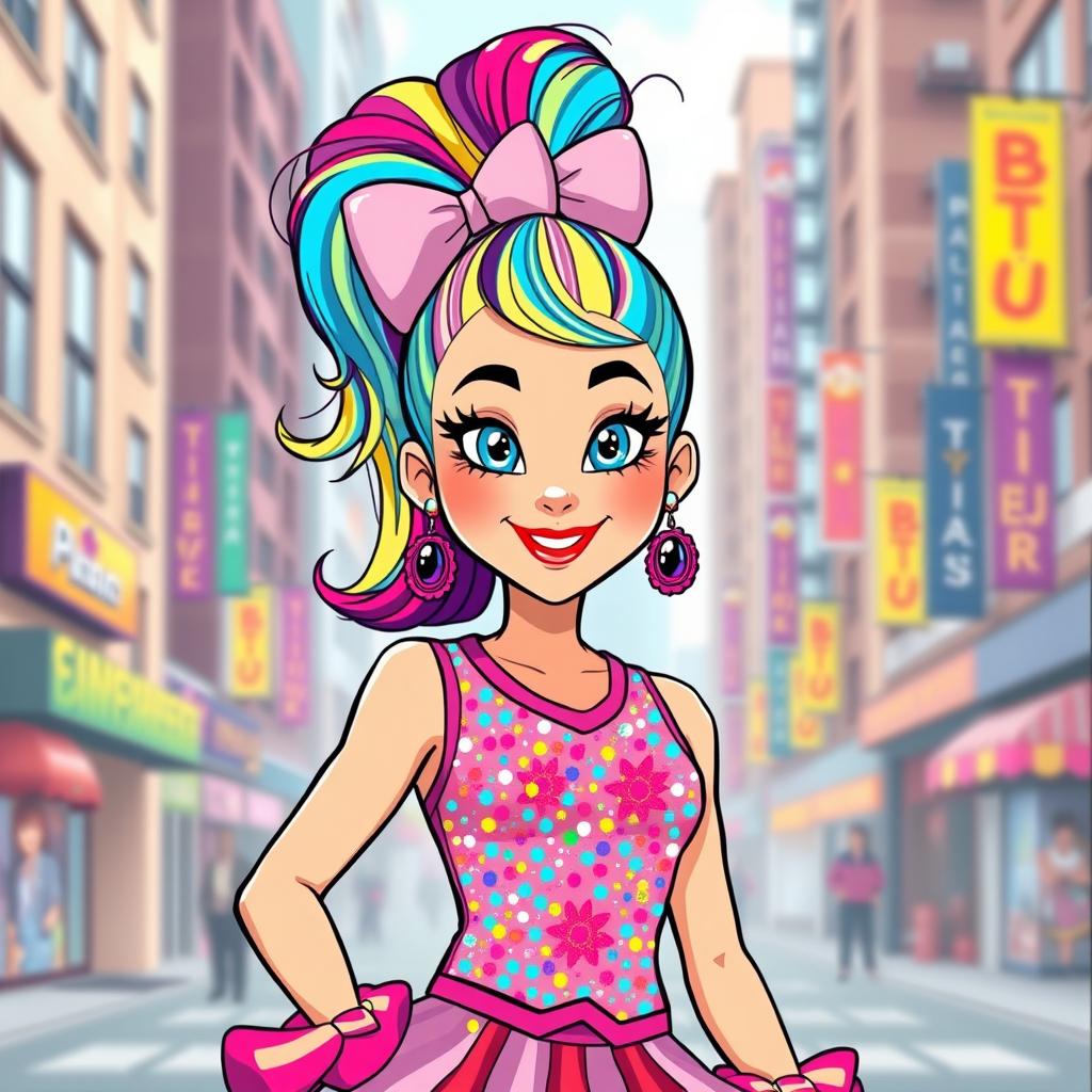 A stylized illustration of an adult female character, inspired by the energetic and colorful style of Jojo Siwa