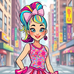 A stylized illustration of an adult female character, inspired by the energetic and colorful style of Jojo Siwa