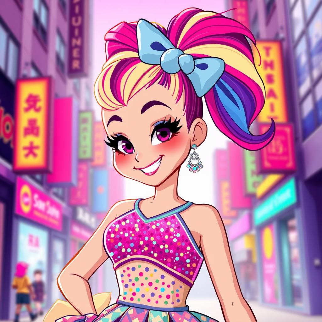 A stylized illustration of an adult female character, inspired by the energetic and colorful style of Jojo Siwa