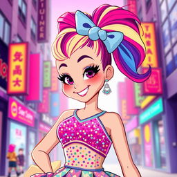 A stylized illustration of an adult female character, inspired by the energetic and colorful style of Jojo Siwa