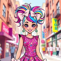 A stylized illustration of an adult female character, inspired by the energetic and colorful style of Jojo Siwa