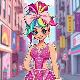 A stylized illustration of an adult female character, inspired by the energetic and colorful style of Jojo Siwa