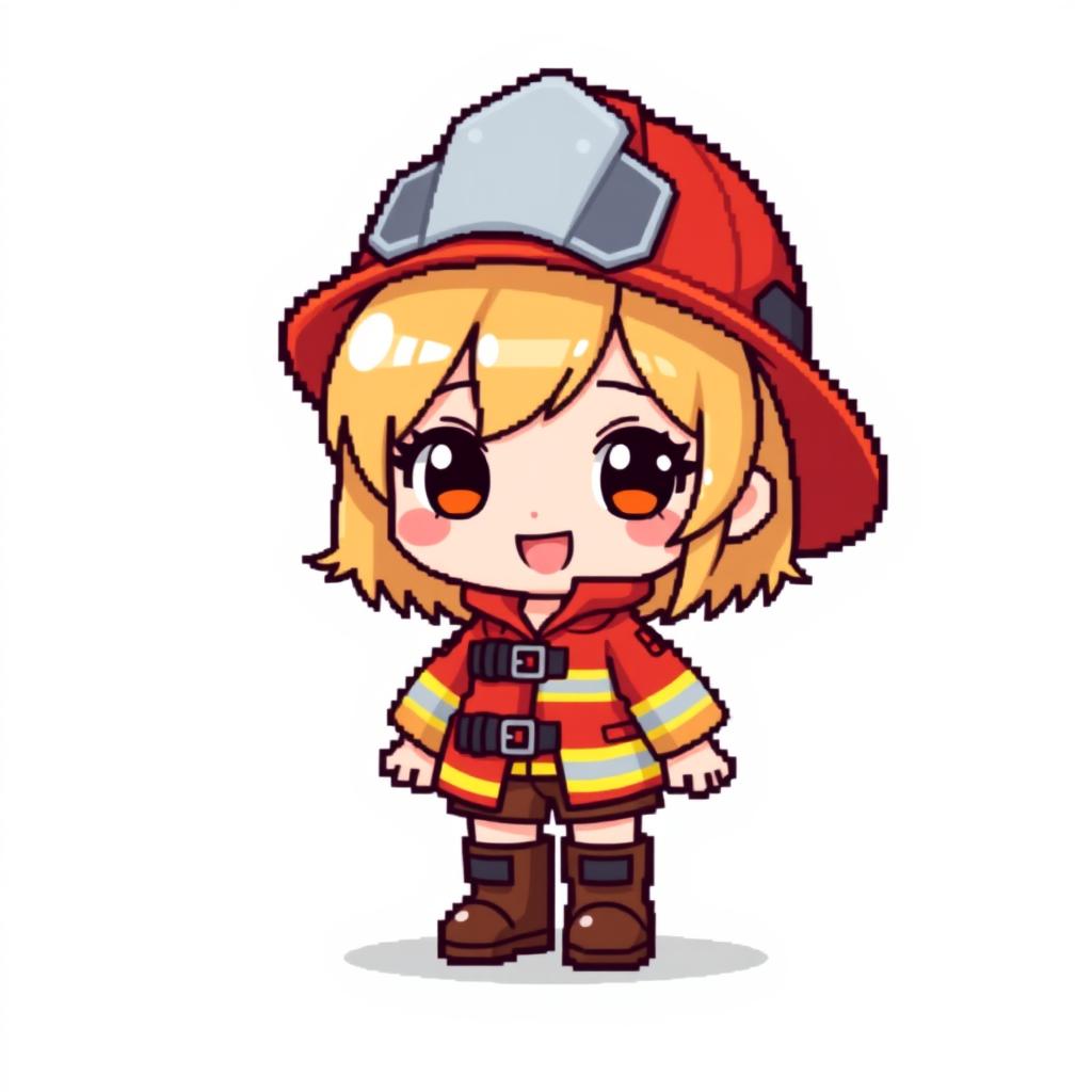 Pixel art depiction of a chibi-style girl dressed as a firefighter