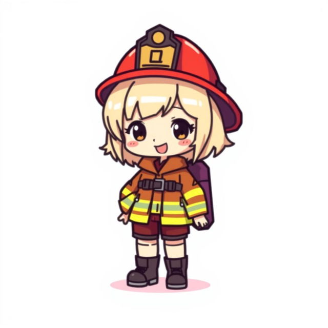 Pixel art depiction of a chibi-style girl dressed as a firefighter