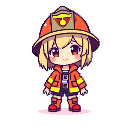 Pixel art depiction of a chibi-style girl dressed as a firefighter