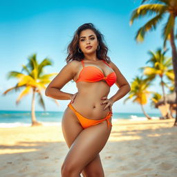 A voluptuous woman with a curvy figure wearing a bikini, posed in a manner that accentuates her curves