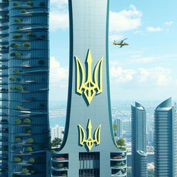 A bionic-shaped skyscraper with flying cars at different altitudes, landing on the skyscraper's platforms