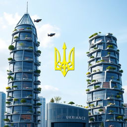 A bionic-shaped skyscraper with flying cars at different altitudes, landing on the skyscraper's platforms