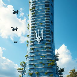 A bionic-shaped skyscraper with flying cars at different altitudes, landing on the skyscraper's platforms