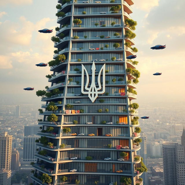 A bionic-shaped skyscraper with flying cars at different altitudes, landing on the skyscraper's platforms