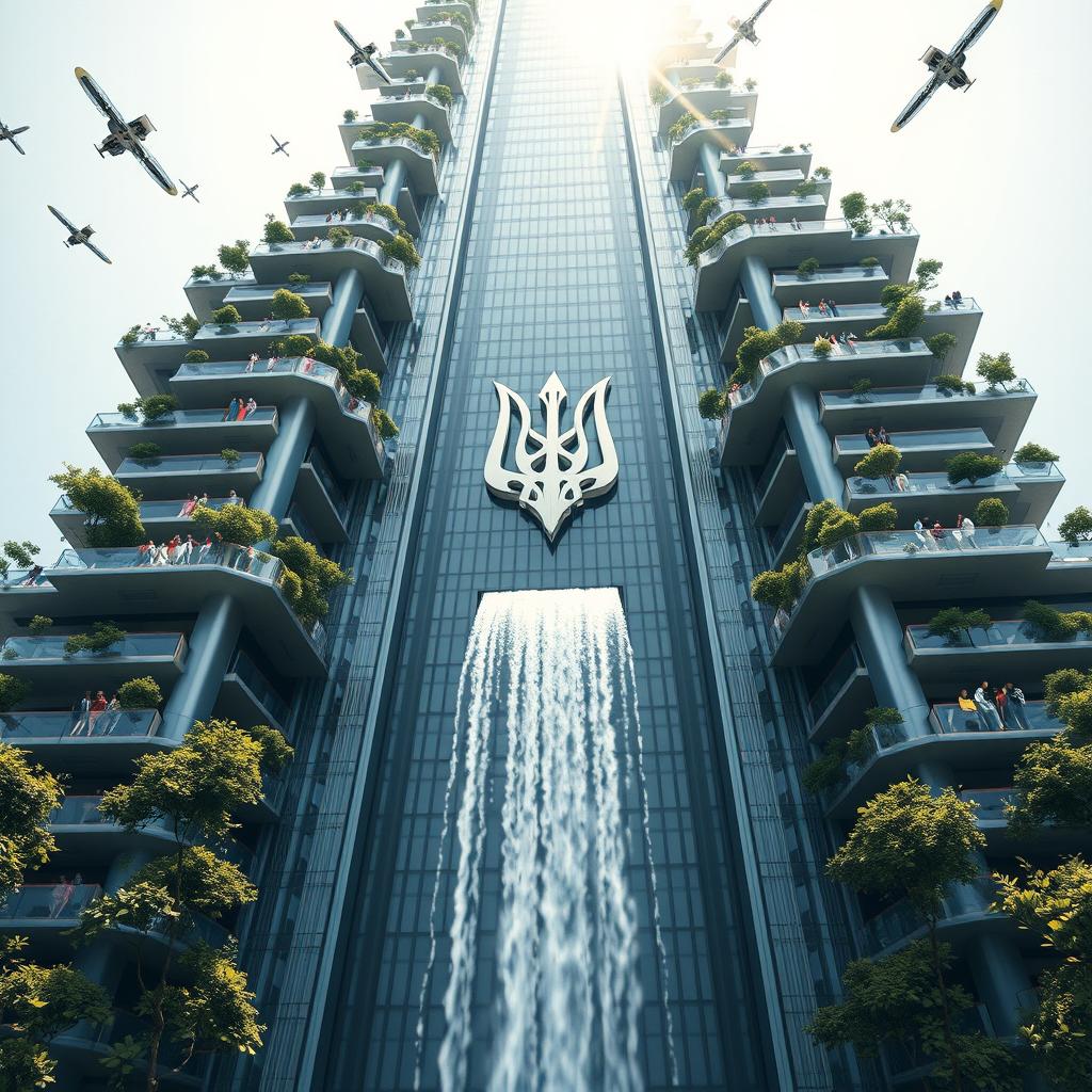 A bionic-shaped skyscraper of futuristic design viewed from below