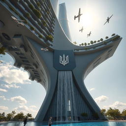 An irregularly shaped bionic skyscraper with a futuristic design viewed from below