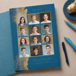 Design a modern, faceless yearbook cover in charming shades of blue and gold.