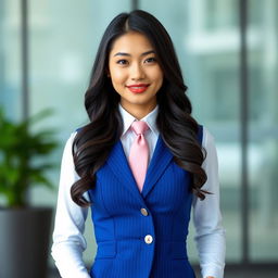 A beautiful Asian woman with long black wavy hair dressed in a tight-fitting blue business dress