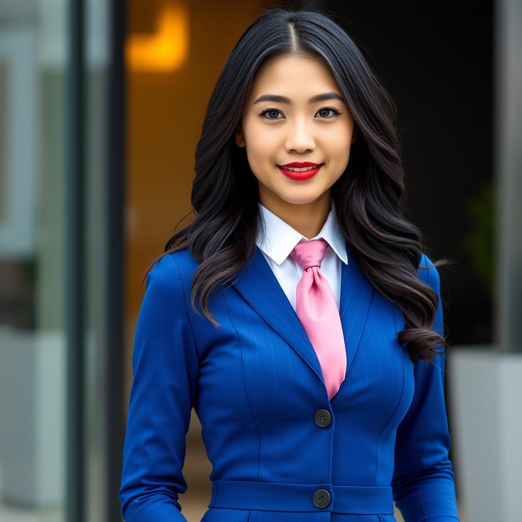 A beautiful Asian woman with long black wavy hair dressed in a tight-fitting blue business dress