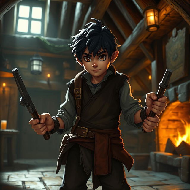 short half-ling man with dark scruffy hair, rogue-like appearance, holding a shank in each hand, standing confidently in a dimly lit tavern, with rustic wooden beams and a flickering fireplace casting warm shadows