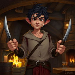 short half-ling man with dark scruffy hair, rogue-like appearance, holding a shank in each hand, standing confidently in a dimly lit tavern, with rustic wooden beams and a flickering fireplace casting warm shadows