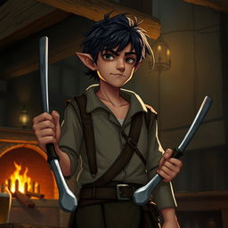 short half-ling man with dark scruffy hair, rogue-like appearance, holding a shank in each hand, standing confidently in a dimly lit tavern, with rustic wooden beams and a flickering fireplace casting warm shadows