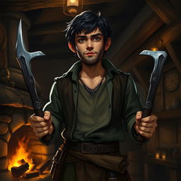 short half-ling man with dark scruffy hair, rogue-like appearance, holding a shank in each hand, standing confidently in a dimly lit tavern, with rustic wooden beams and a flickering fireplace casting warm shadows