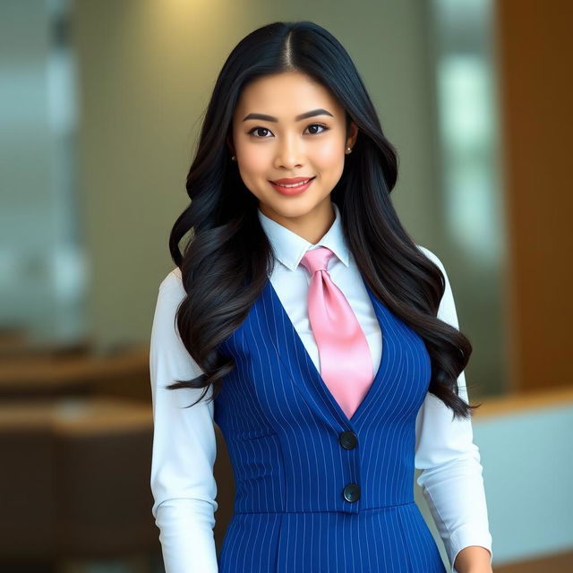 A beautiful Asian woman with long black wavy hair dressed in a tight-fitting blue business dress