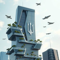 A bionic skyscraper with an irregular shape and a futuristic design