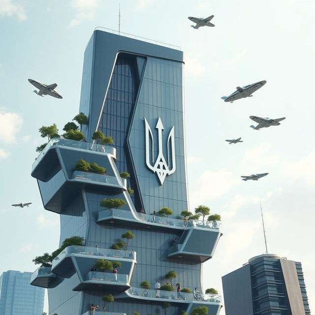 A bionic skyscraper with an irregular shape and a futuristic design