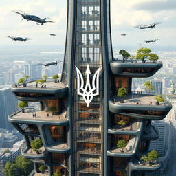 A bionic skyscraper with an irregular shape and a futuristic design