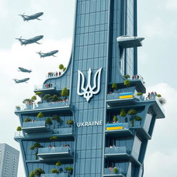 A bionic skyscraper with an irregular shape and a futuristic design