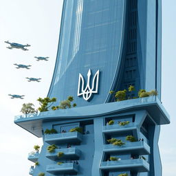 A bionic skyscraper with an irregular shape and a futuristic design