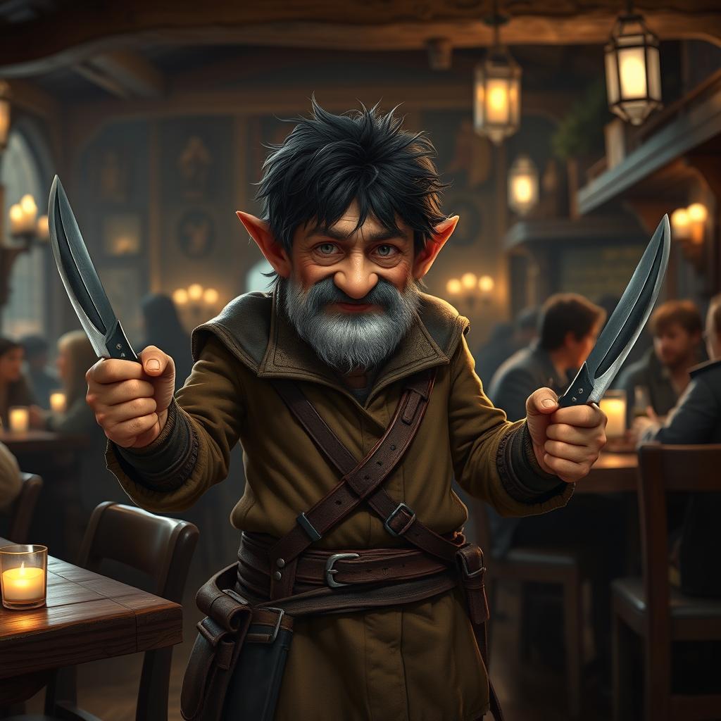 A short halfling older man with dark scruffy hair, exuding the aura of a rogue, standing confidently in a bustling tavern