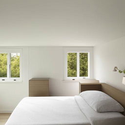 A modern, spacious bedroom design with a cozy bed, vast windows allowing natural light, minimalistic furniture, an aesthetic color scheme, and a tranquil ambience.