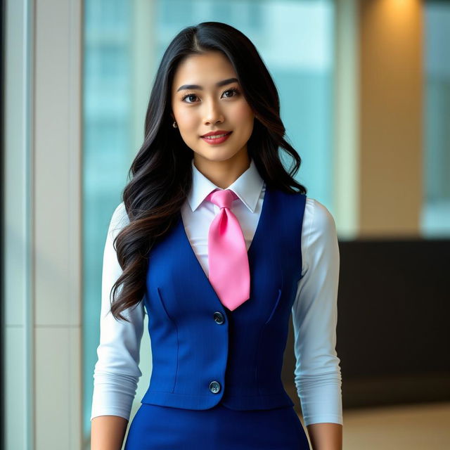 A beautiful Asian woman with long black wavy hair dressed in a tight-fitting blue business dress