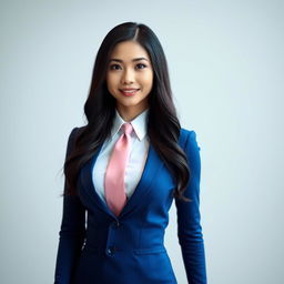 A beautiful Asian woman with long black wavy hair dressed in a tight-fitting blue business dress