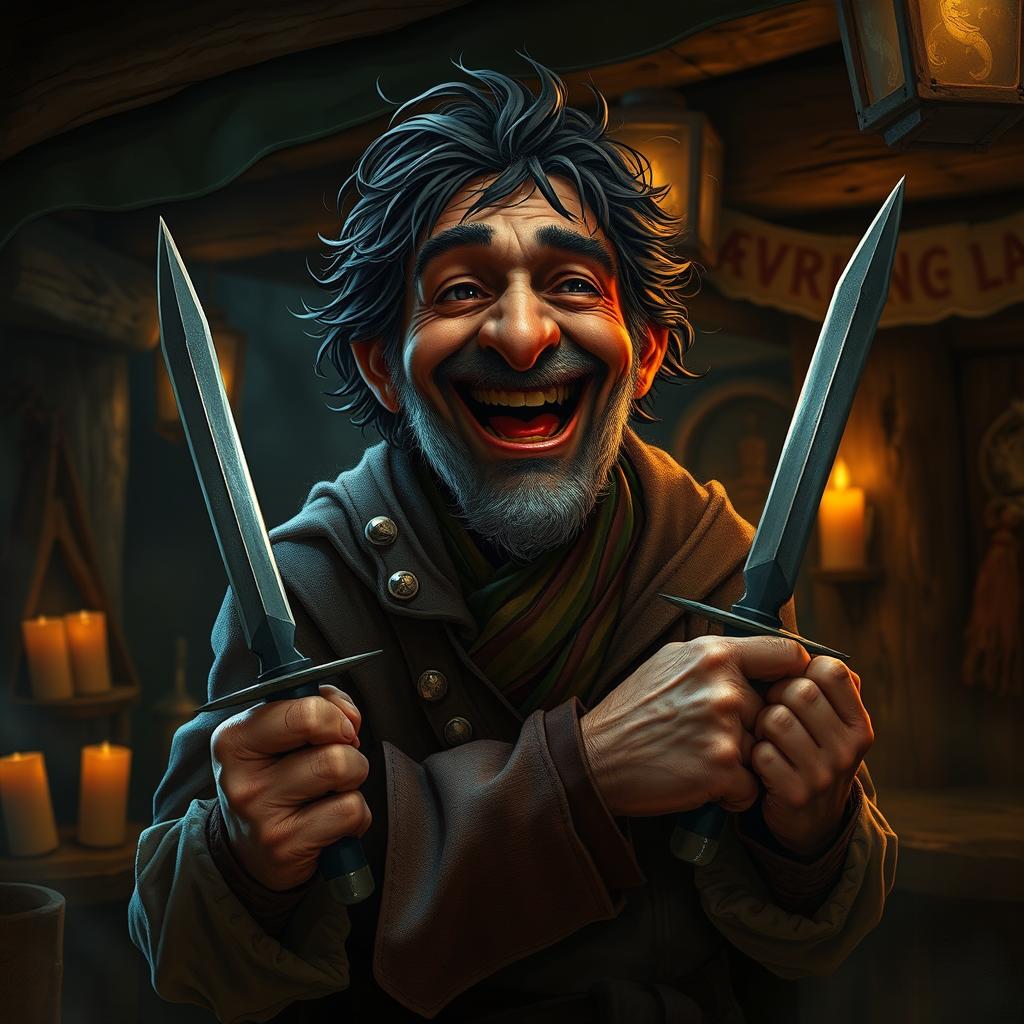 A short half-ling, an older man with dark scruffy hair, exudes a rogue-like aura as he hides in a dimly lit tavern