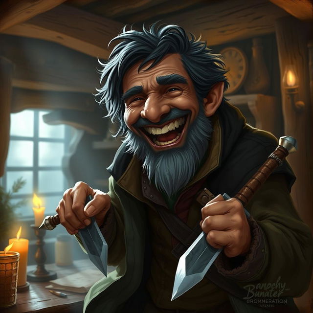 A short half-ling, an older man with dark scruffy hair, exudes a rogue-like aura as he hides in a dimly lit tavern